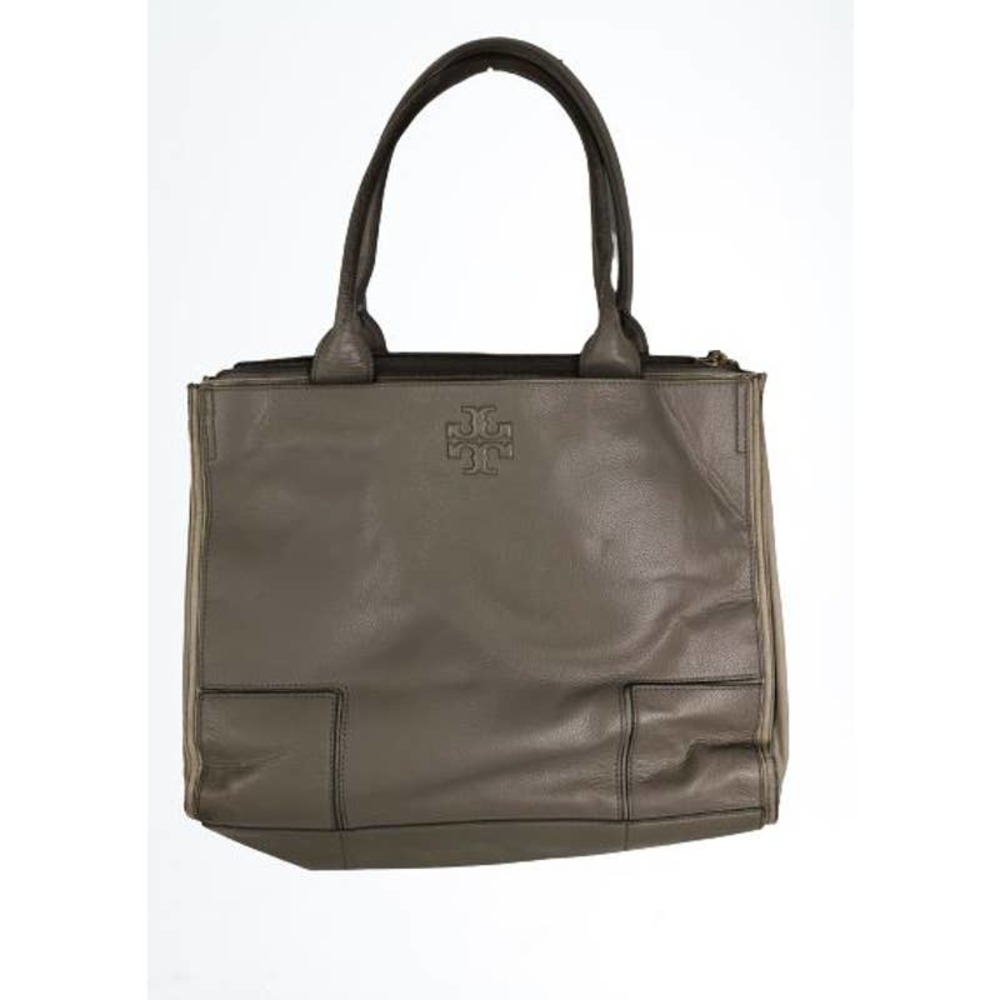 TORY BURCH Ella Canvas & Leather Expandable Tote Bag Taupe Gray Double T Large